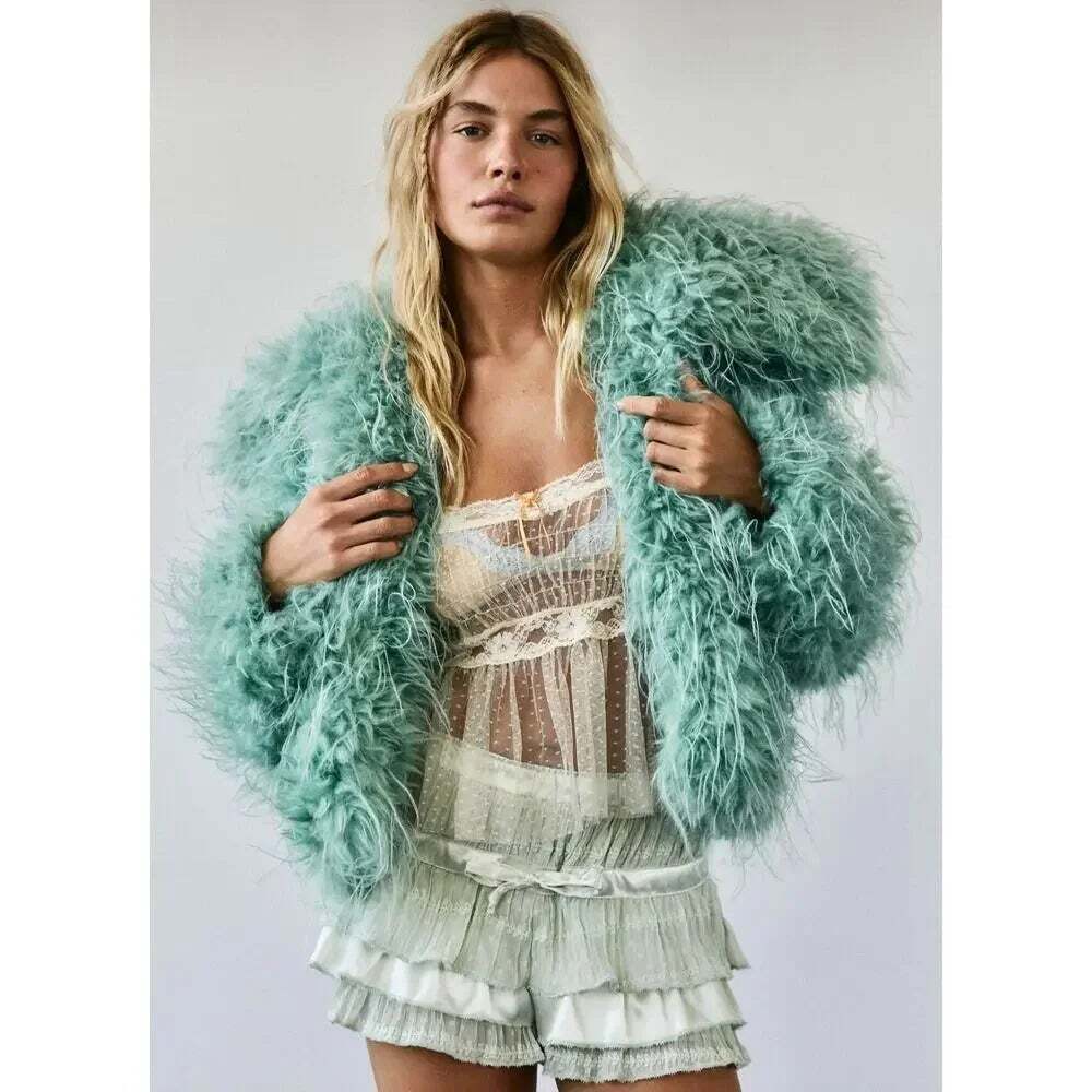 Free People Moonlight Faux Fur Jacket Granite Green Shaggy Cropped Coat Size XS